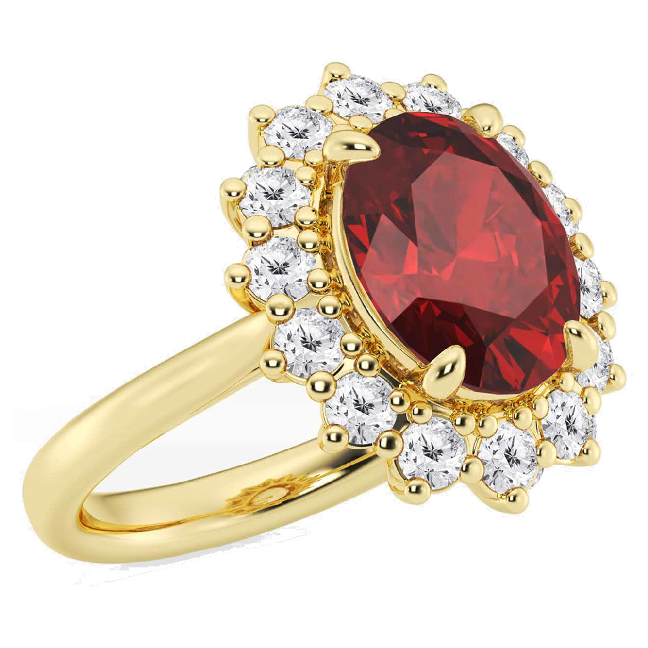 Start2Finish AGI Certified 3CTW oval lab ruby engagement ring with lab diamond halo in 14K white or yellow gold, 9x7mm size