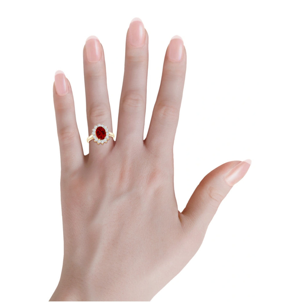 AGI Certified 3 carat oval lab ruby engagement ring with lab diamond halo in 14K white or yellow gold, 9x7mm size.
