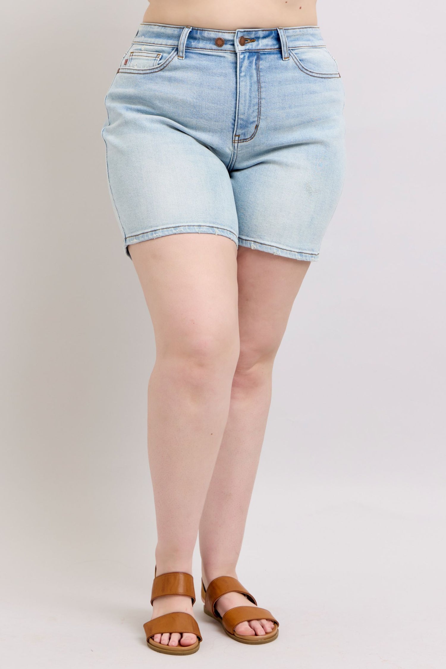 Judy Blue plus size denim shorts with two buttons and front pockets, stylish women&