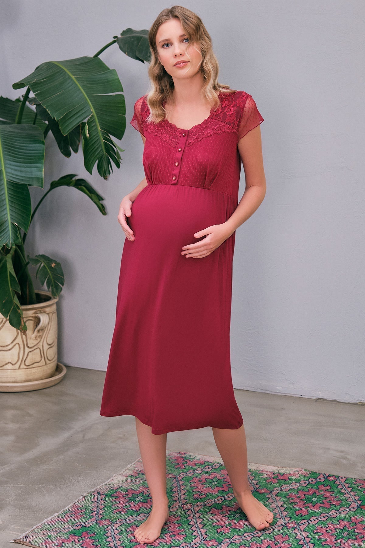 Burgundy Artemis Shopymommy 5649 flywheel arm lace maternity and nursing nightgown, soft fabric with lace details and adjustable straps.