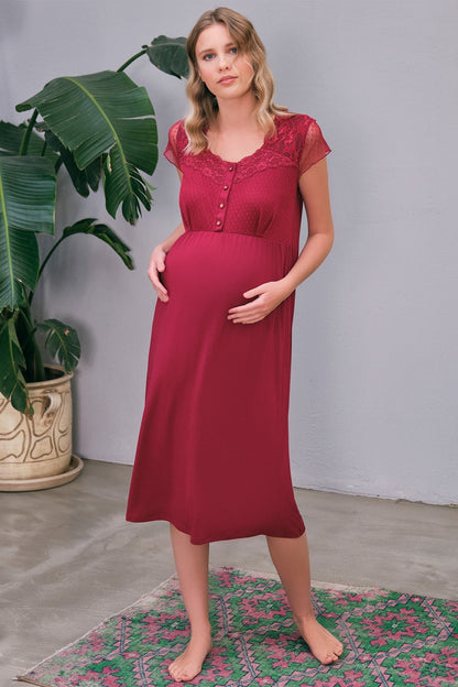 Burgundy Artemis Shopymommy 5649 flywheel arm lace maternity and nursing nightgown, soft fabric with lace details and adjustable straps.