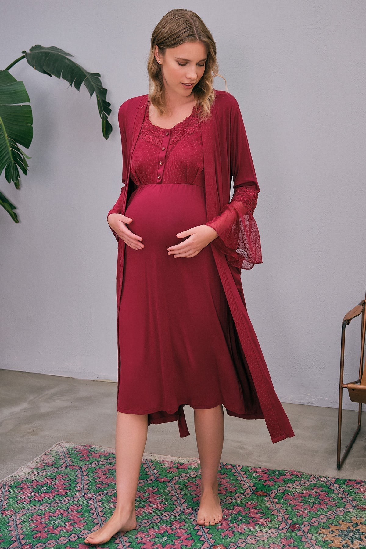 Burgundy Artemis Shopymommy 5649 Flywheel Arm Lace maternity and nursing nightgown, soft lace fabric, comfortable sleepwear for new moms