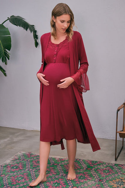 Burgundy Artemis Shopymommy 5649 Flywheel Arm Lace maternity and nursing nightgown, soft lace fabric, comfortable sleepwear for new moms