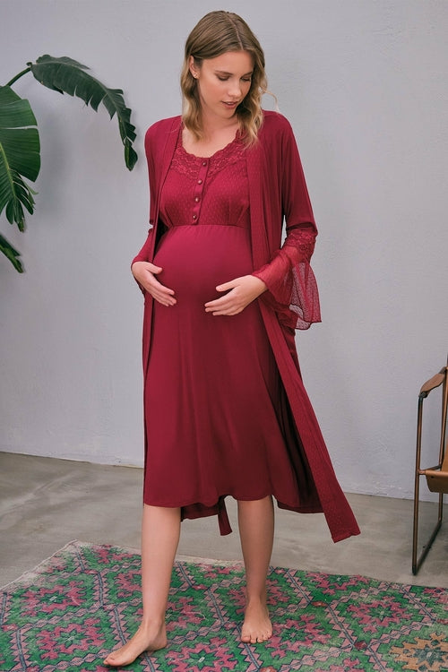 Burgundy Artemis Shopymommy 5649 maternity and nursing nightgown with flywheel arm lace, soft lingerie and comfortable fit