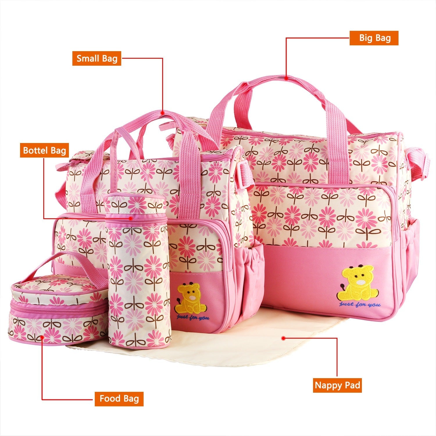Set of five Pear Daisy baby nappy diaper bags with shoulder straps, designed for moms to carry baby essentials comfortably.