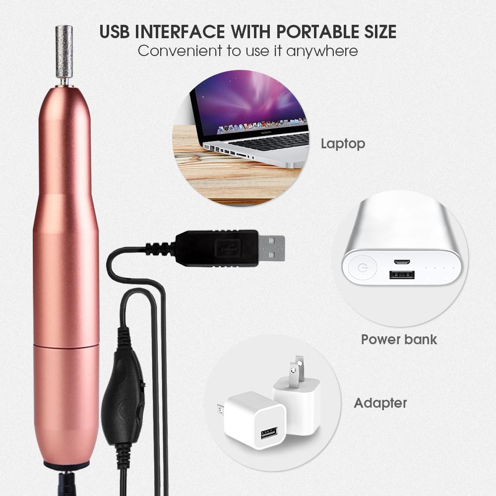 Pink Iolaus USB nail drill set with electric nail file and portable kit, featuring compact design and multiple polishing heads.