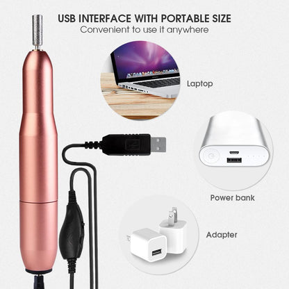 Pink Iolaus USB nail drill set with electric nail file and portable kit, featuring compact design and multiple polishing heads.