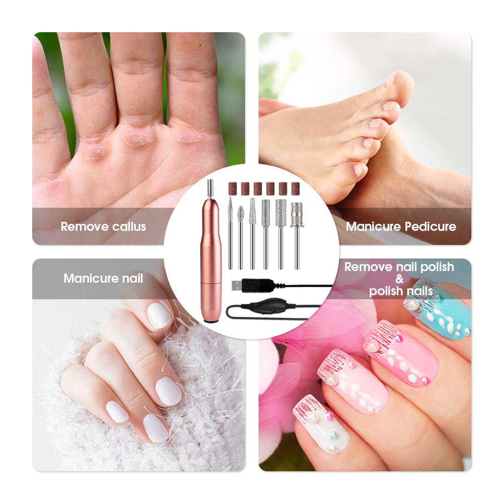 Pink Iolaus USB nail drill set with electric nail file, portable kit for manicures and pedicures, includes drill and accessories.