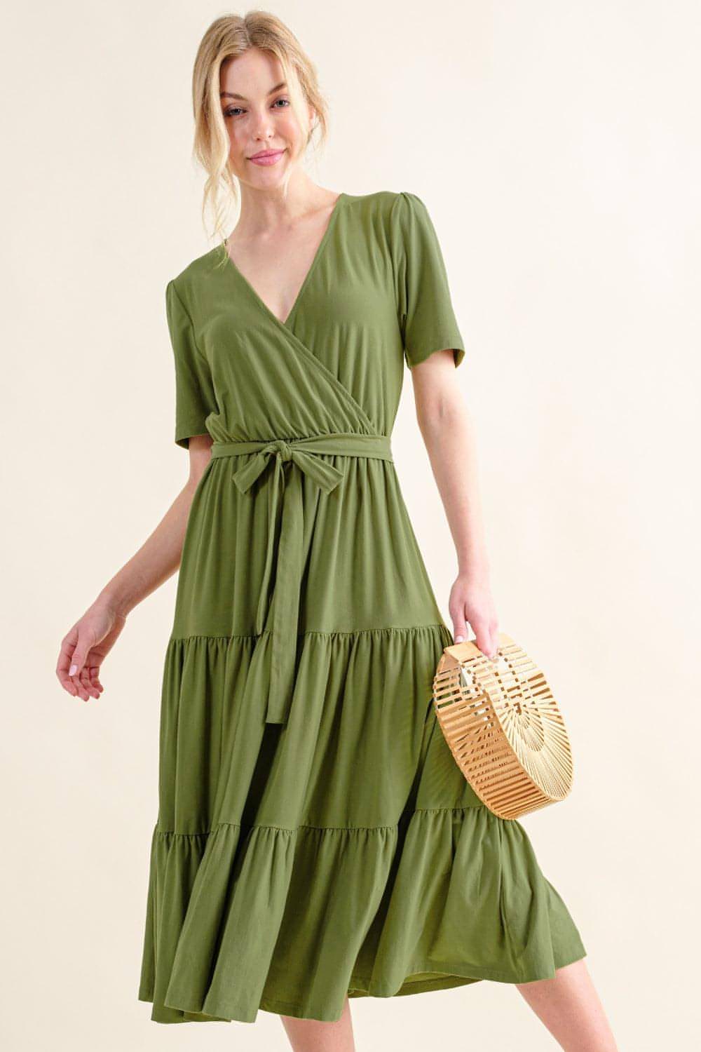 Carmine Juneberry soft short sleeve tiered midi dress with a flowy, layered design perfect for casual or summer wear.