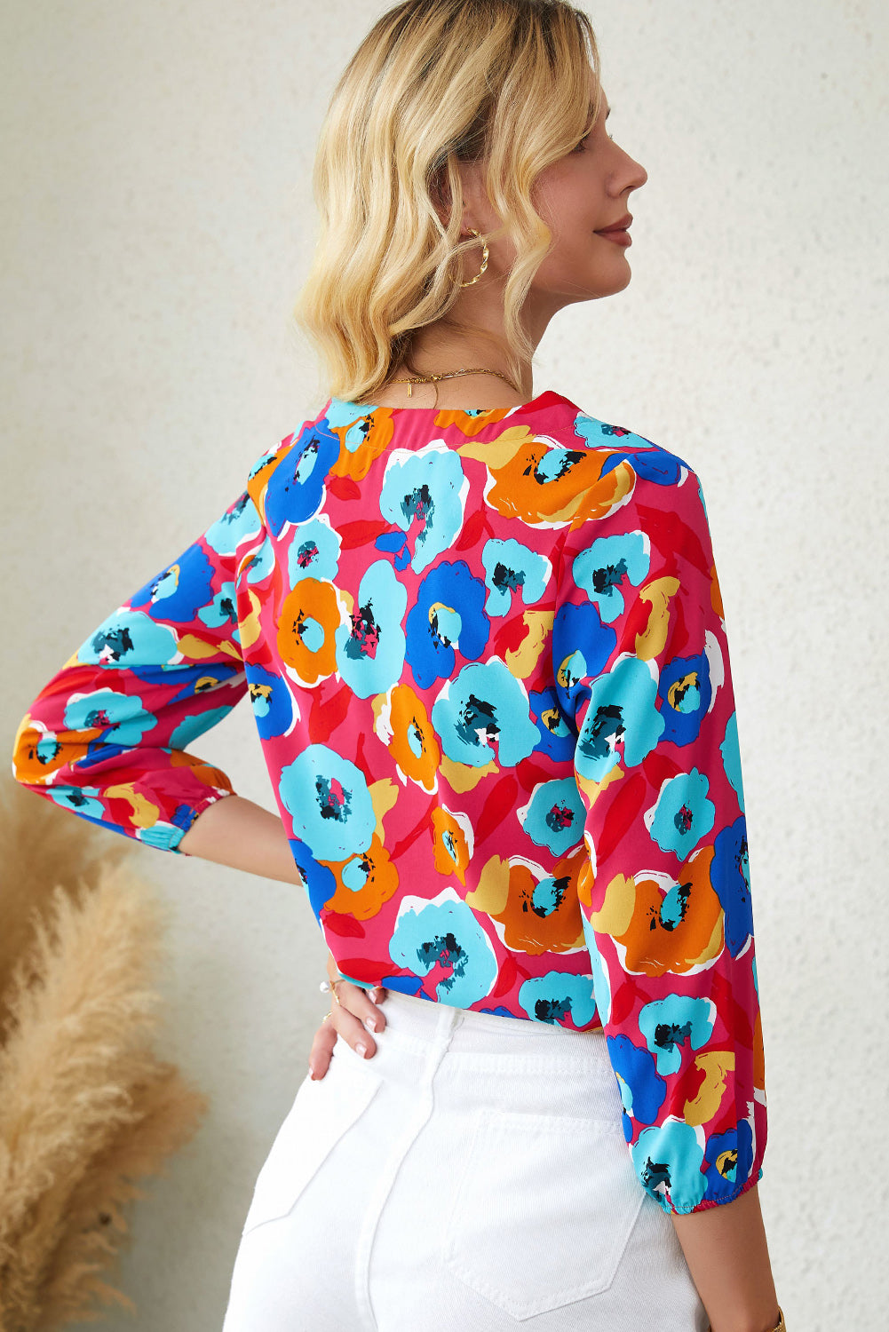 Carmine Juneberry floral print V-neck blouse with multicolor roses and 3/4 sleeves, stylish tops and blouses for women