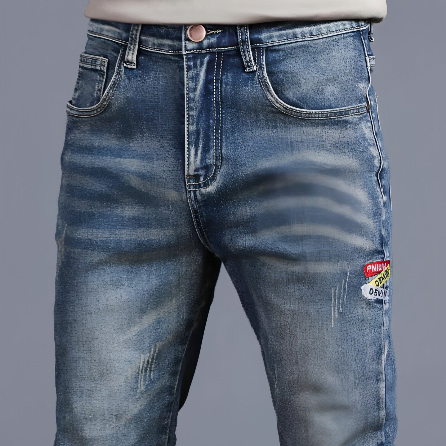 Youth retro embroidered denim pants for men by Carmine Juneberry, featuring classic denim fabric with detailed embroidery.