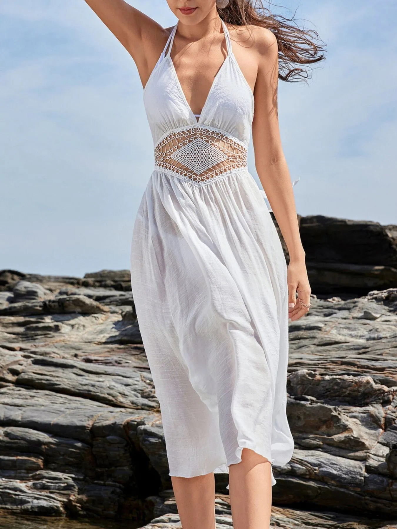 Crochet waist halter sleeveless cover-up dress by Pear Daisy, perfect for beach or poolside wear.