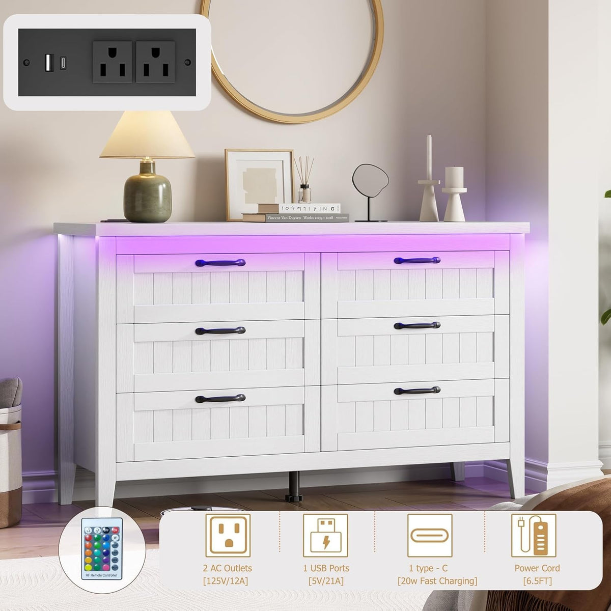 White Slim Modern Six Drawer Dresser With USB Charging