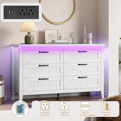 White Slim Modern Six Drawer Dresser With USB Charging