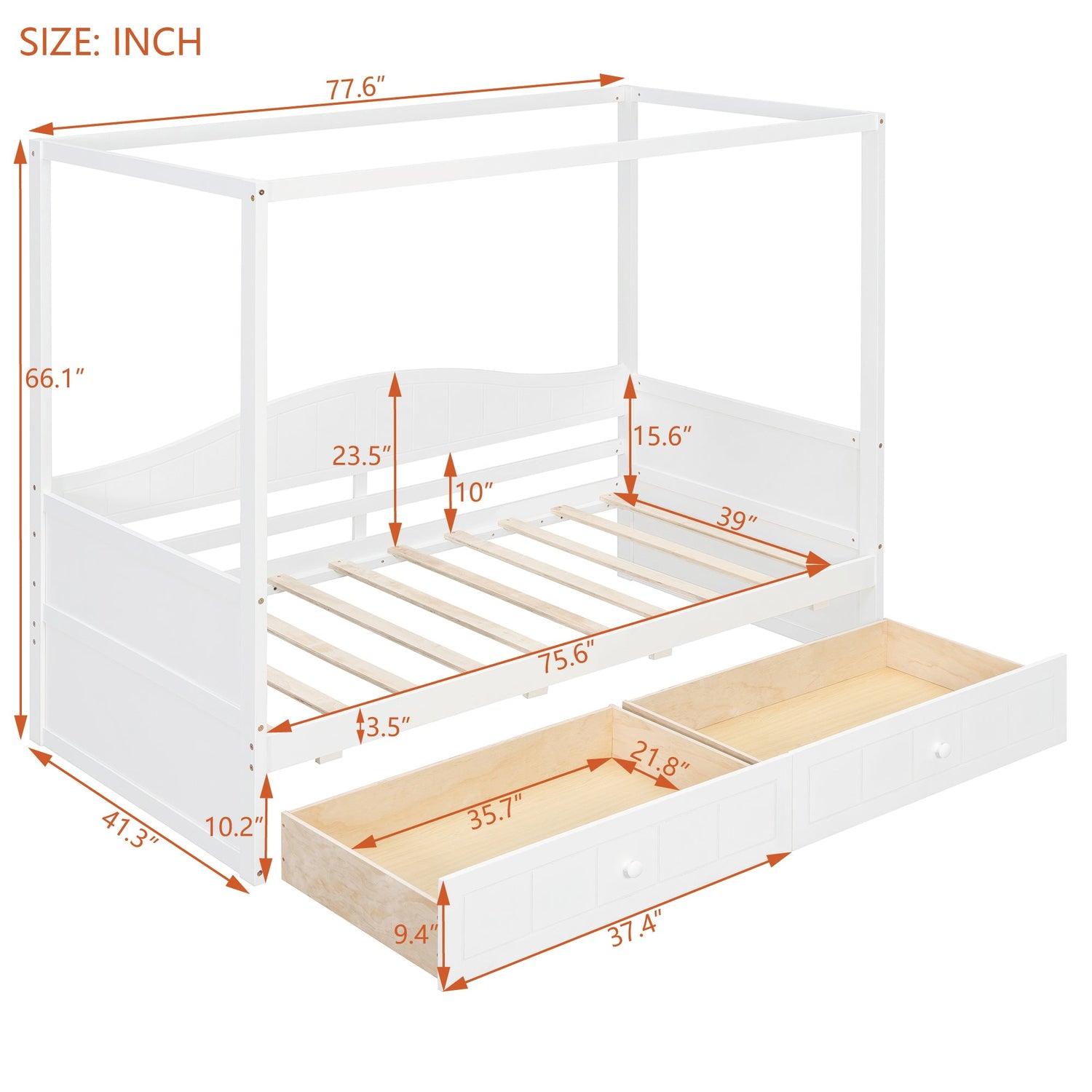 Sangria Beech twin size canopy day bed with canopy frame, two drawers, and wooden finish, ideal for bedroom decor.