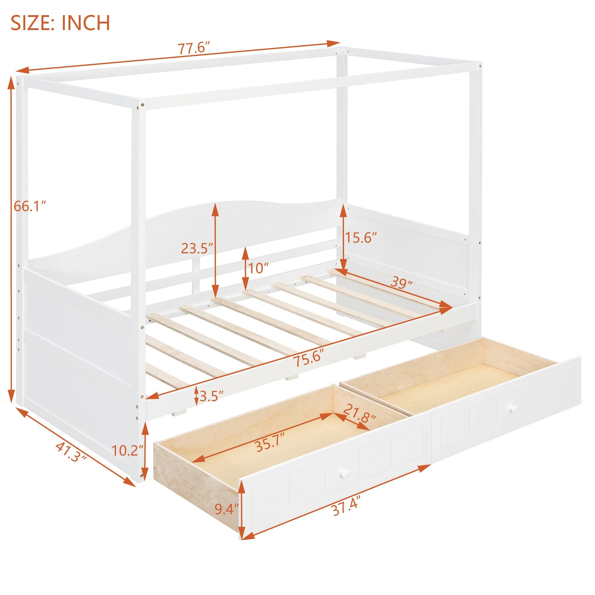 Sangria Beech twin size canopy day bed with canopy frame, two drawers, and wooden finish, ideal for bedroom decor.