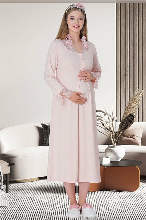 Burgundy Artemis Shopymommy 5312 lace-sleeve maternity and nursing nightgown in powder color, soft and comfortable lingerie.