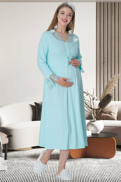 Turquoise Burgundy Artemis Shopymommy 5312 lace sleeved maternity and nursing nightgown, soft and comfortable lingerie for new moms.