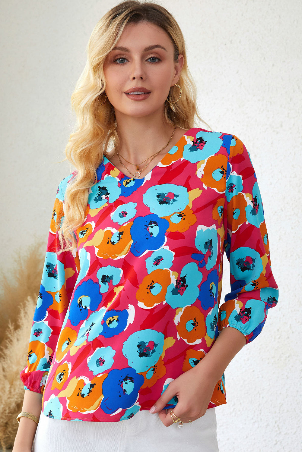 Carmine Juneberry rose multicolor floral print V-neck blouse with 3/4 sleeves, perfect for casual or dressy occasions.