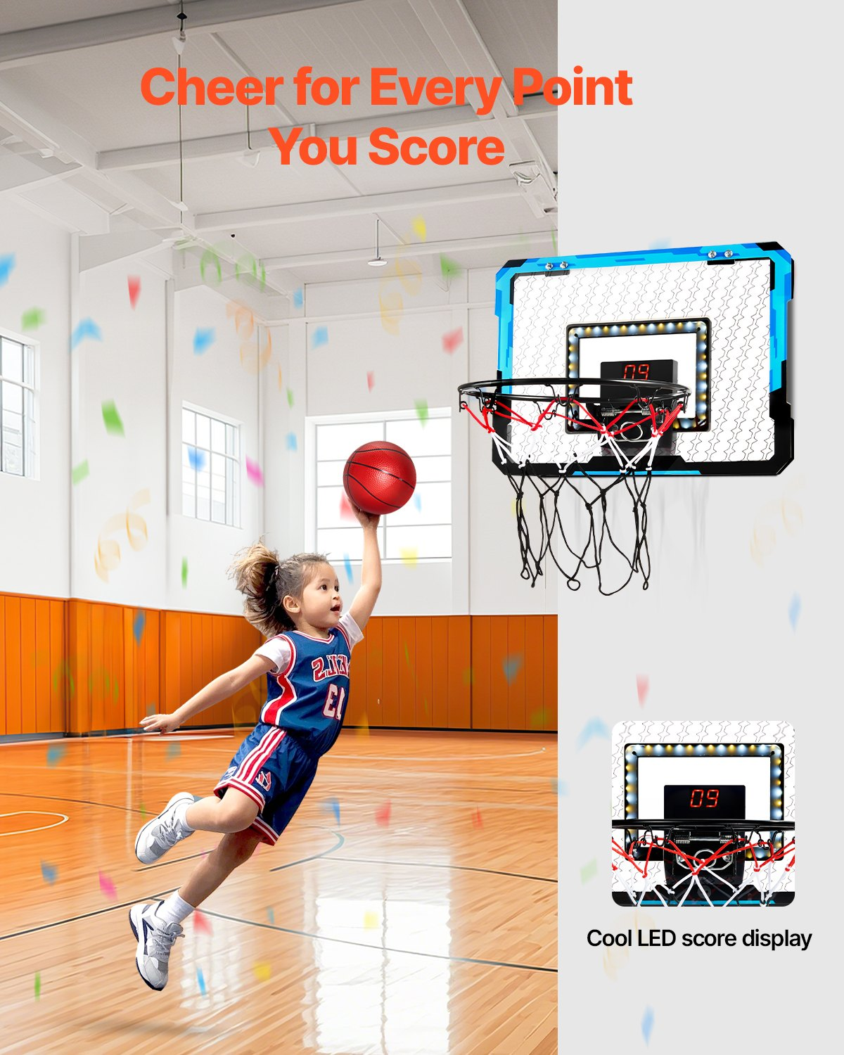Start2Finish VEVOR Kids Basketball Hoop with electronic scoreboard, LED light, and music, designed for indoor use for children 3+.
