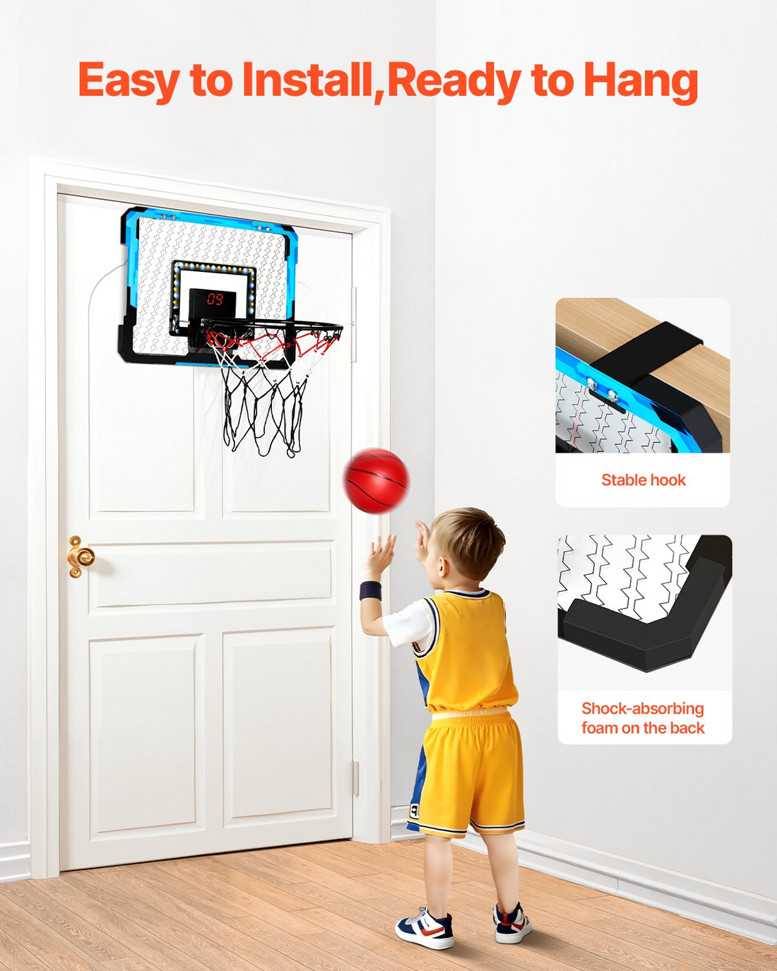 Start2Finish VEVOR kids basketball hoop with electronic scoreboard, LED lights, and music, designed for indoor play for children 3+.