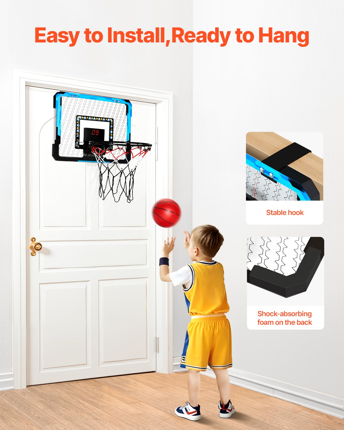 Start2Finish VEVOR kids basketball hoop with electronic scoreboard, LED lights, and music, designed for indoor play for children 3+.