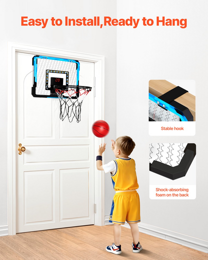 Start2Finish VEVOR kids basketball hoop with electronic scoreboard, LED lights, and music, designed for indoor play for children 3+.