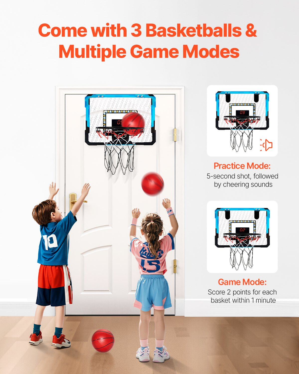 Start2Finish VEVOR Kids basketball hoop with electronic scoreboard, LED light, music, over-the-door design for indoor play.