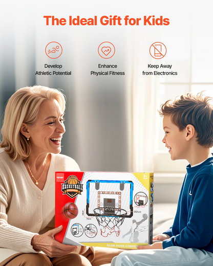 Start2Finish VEVOR Kids Basketball Hoop with electronic scoreboard, LED light, music, and indoor over-the-door design for children 3+.