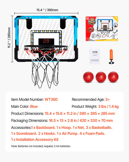 Start2Finish VEVOR Kids Mini Basketball Hoop with electronic scoreboard, LED light, music, and over-the-door mounting for indoor play.