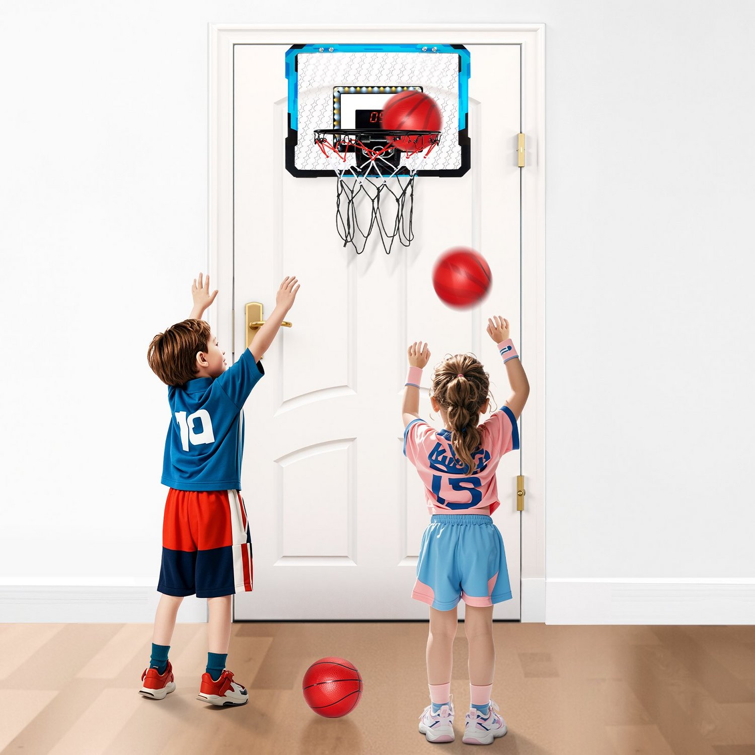 Start2Finish VEVOR Kids Basketball Hoop with electronic scoreboard, LED light, music, and over-the-door design for indoor play.
