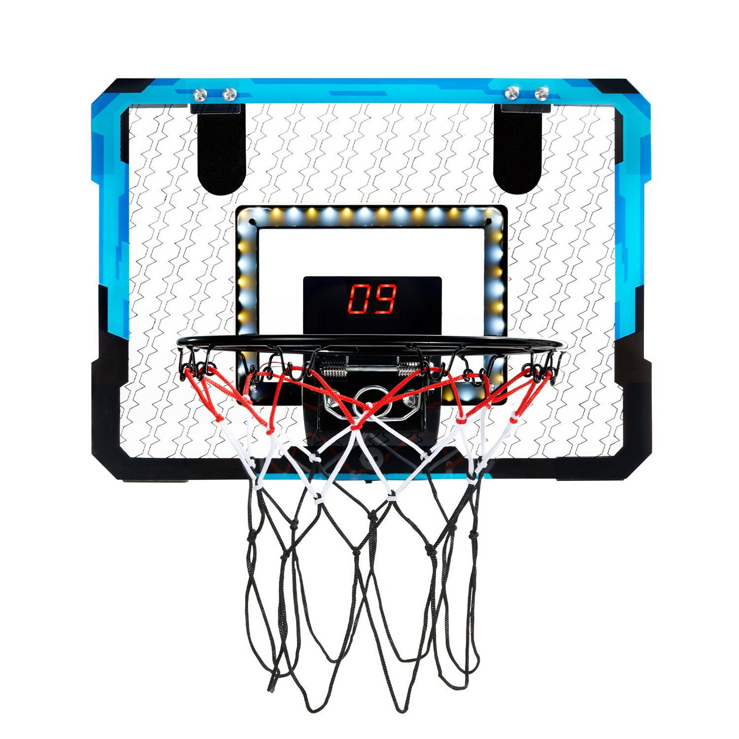 Start2Finish VEVOR kids indoor basketball hoop with electronic scoreboard, LED light, scoring, music, and over-the-door mounting.