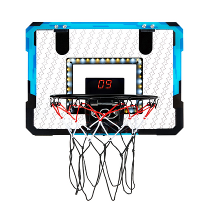 Start2Finish VEVOR kids indoor basketball hoop with electronic scoreboard, LED light, scoring, music, and over-the-door mounting.