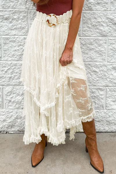 Taupe Oliver MUNSIEUR lace tiered midi skirt for women, featuring intricate lace details and a stylish, flowy design.