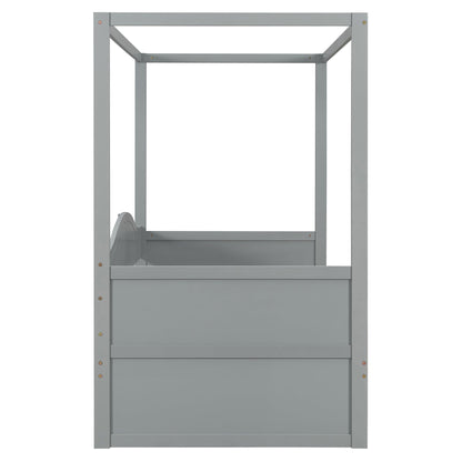 Sangria Beech twin size canopy day bed with two storage drawers, wooden bed frame and canopy for bedroom decor.