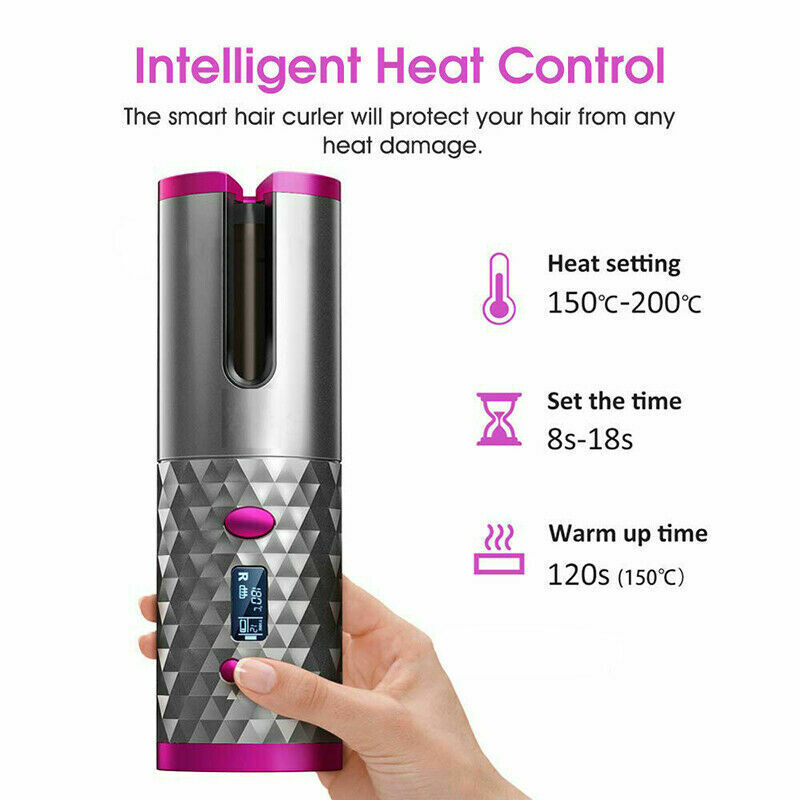 Puce Gaia cordless LCD auto rotating ceramic hair curler and waver curling iron, sleek design with digital display for easy styling.