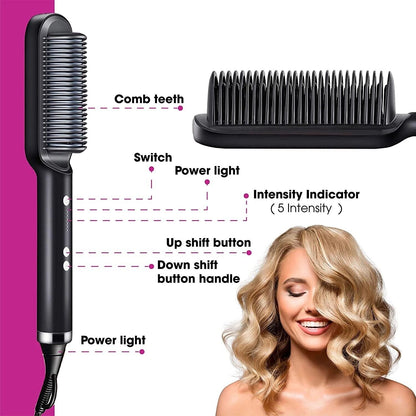 Puce Gaia electric hair straightener brush with ceramic plates and heated comb for straightening and curling hair.