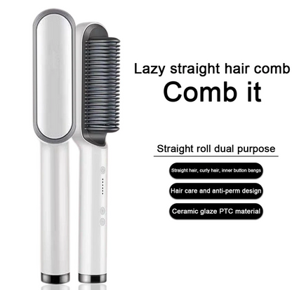 Puce Gaia electric hair straightener brush with ceramic plates, designed for straightening and curling hair efficiently.