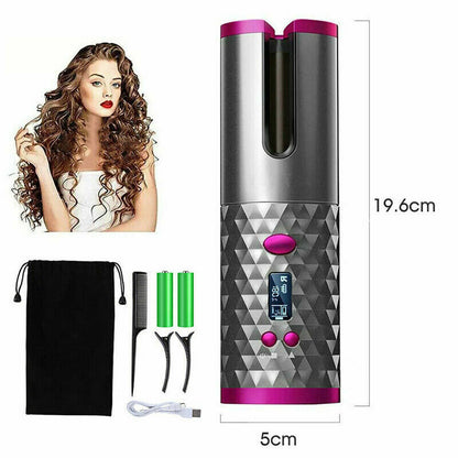 Puce Gaia cordless LCD auto rotating hair curler with ceramic barrel, showcasing its sleek design and rotating mechanism.
