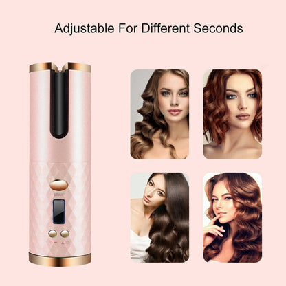 Puce Gaia cordless LCD auto-rotating ceramic hair curler with digital display and ergonomic design for easy styling.