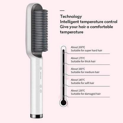 Puce Gaia electric hair straightener brush and hot comb for straightening and curling hair, tech accessory with heated styling plates.