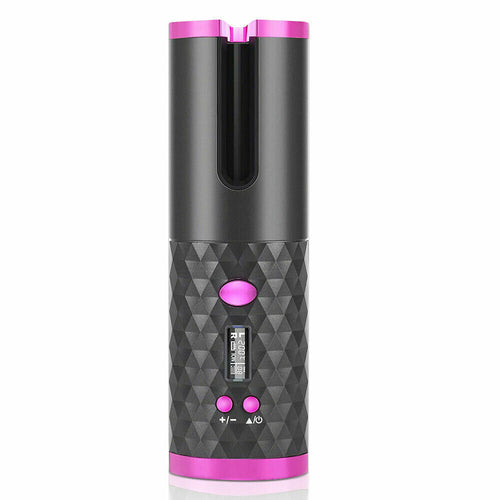 Puce Gaia cordless LCD ceramic auto-rotating hair curler and waver curling iron with digital display and ergonomic design