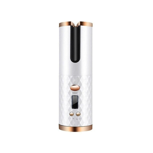 Puce Gaia cordless LCD auto rotating ceramic hair curler with digital display, showcasing its sleek design and curling barrel.