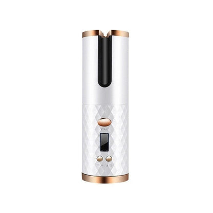 Puce Gaia cordless LCD auto rotating ceramic hair curler with digital display, showcasing its sleek design and curling barrel.