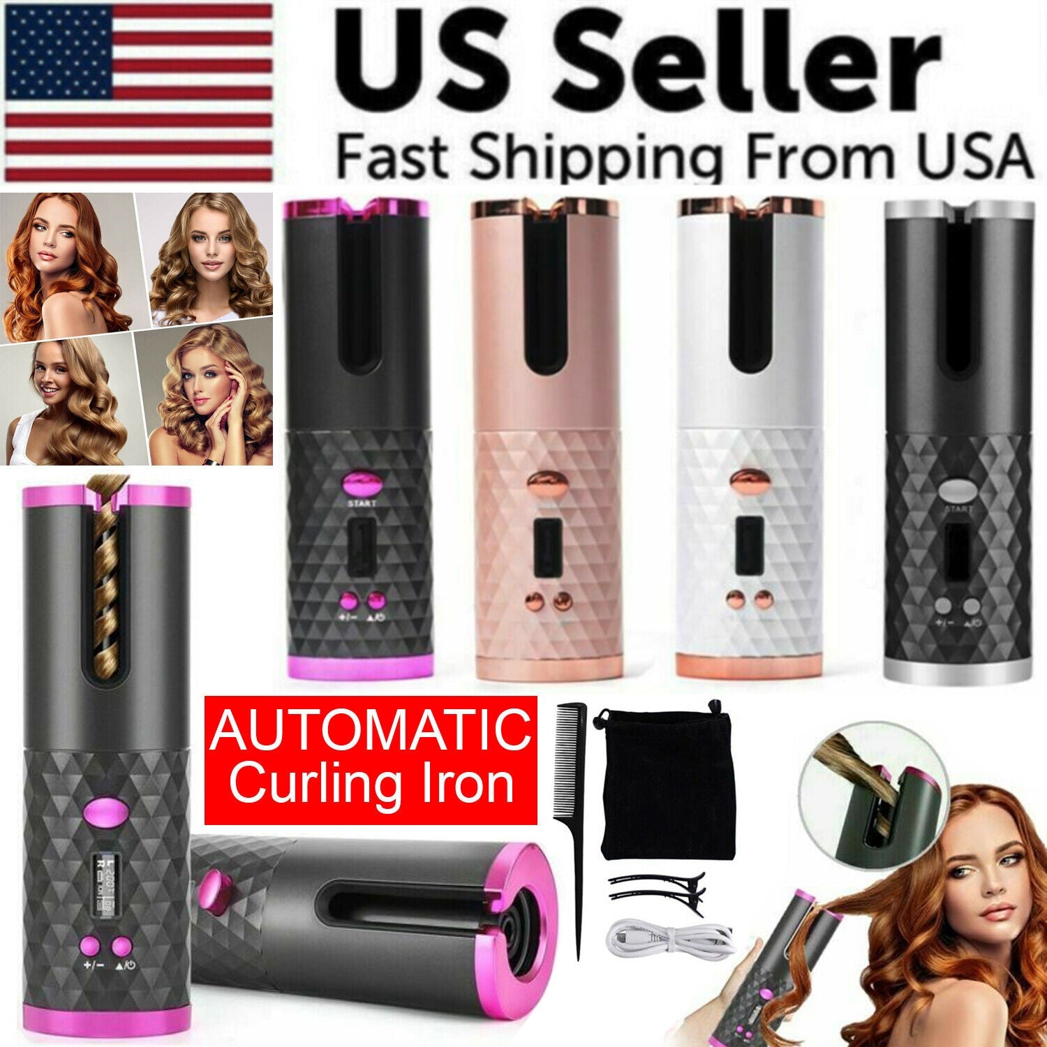 Puce Gaia cordless LCD auto-rotating ceramic hair curler with waver curling iron, showcasing its sleek design and digital display.