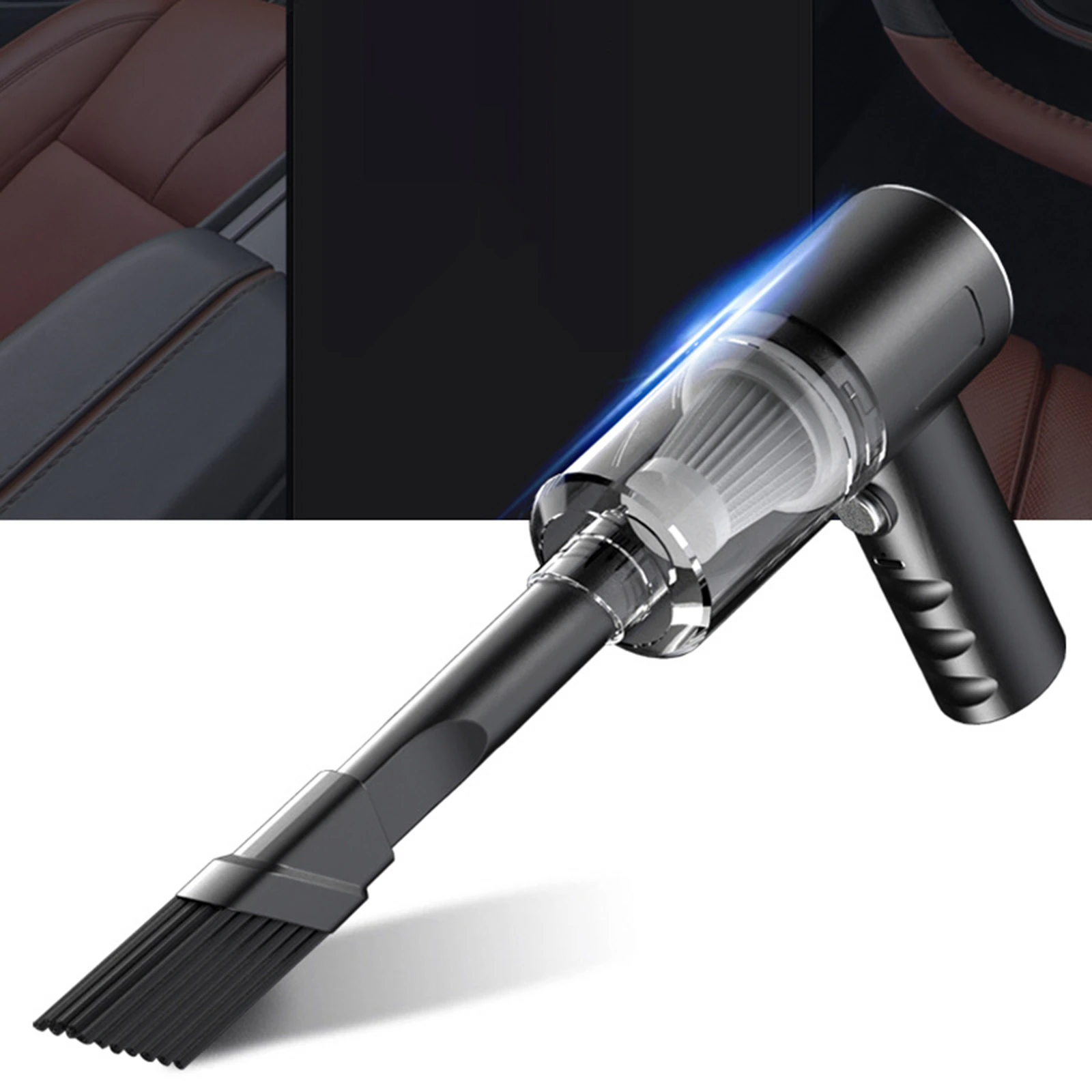 Puce Gaia 120W cordless handheld vacuum cleaner for cars, compact and portable tech accessory with black and silver design.