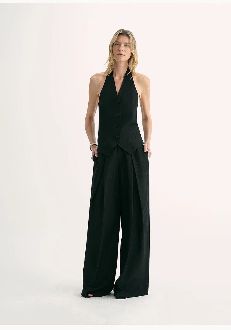 Brown Coeus silk linen halterneck sleeveless jacket in classic old money style, featuring a cool, relaxed look with elegant details.