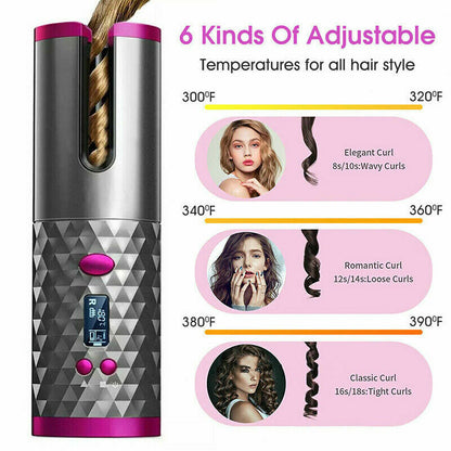 Puce Gaia cordless LCD hair curler with ceramic barrel, auto-rotating waver curling iron for versatile styling.