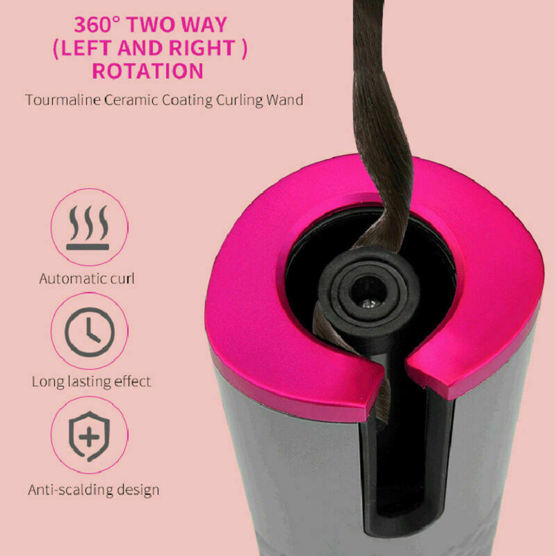 Puce Gaia cordless LCD auto-rotating ceramic hair curler with digital display and ergonomic design for easy styling.
