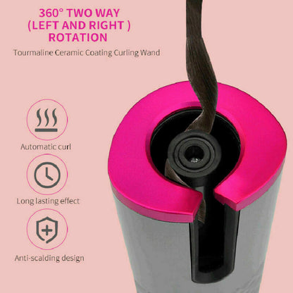 Puce Gaia cordless LCD auto-rotating ceramic hair curler with digital display and ergonomic design for easy styling.
